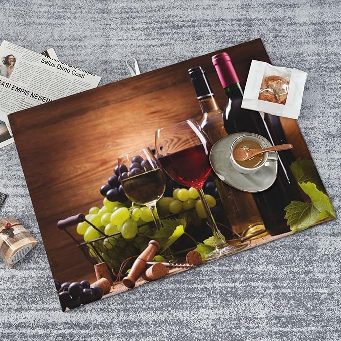 Red White Wine Dish Drying Mat Retro Fruit Grapes Wooden Board Drying Rack Pad Countertop Dishes Ultra Absorbent Microfiber Kitchen Counter Mat 18x24 Inch