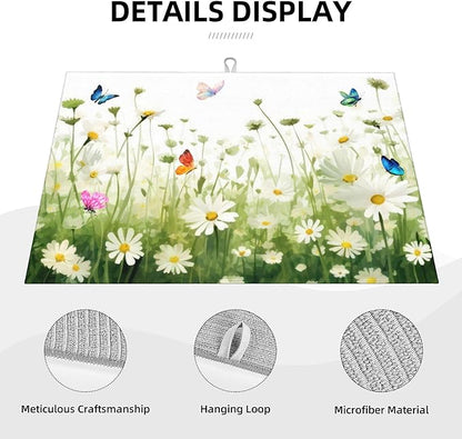 Vintage Watercolor Daisy Butterfly Dish Drying Mat for Kitchen Counter, 18"x24" Microfiber Absorbent Fast Dry Mat, 2Pcs Dish Mat Faucet Mats Sets, Large Drying Kitchen Mat Kitchen Drying Pad