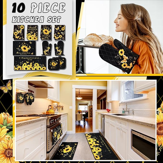 Fourluoo 10 Pcs Sunflower Butterfly Kitchen Dish Towels Rugs Oven Mitts and Pot Holders Set Farmhouse Kitchen Decor Set for Women Mom Daughter Gift Cooking Baking Grilling (Bright Black)
