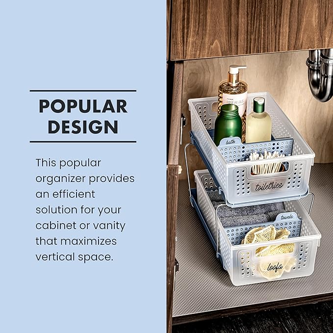 madesmart Two-Tier Bathroom Cabinet Organizer, Sliding Drawer Storage for Bottles, Sponges & Cleaning Supplies, Blue - Image 6