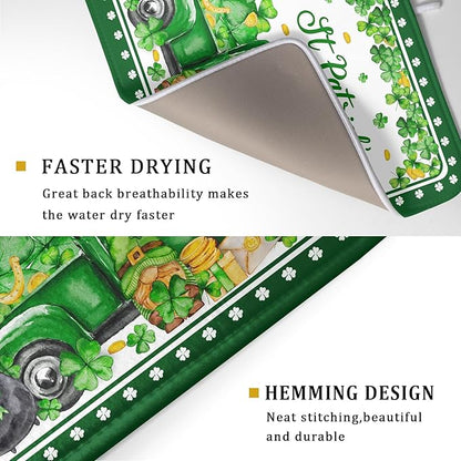 Shamrock Gnome Truck Dish Drying Mat Lucky Clover Dish Drainer Mat 18x24 inch Absorbent Fast Dry Pad for Kitchen Counter Coffee Bar Decor