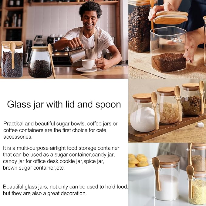 CNWSGEM Sugar Bowls Sugar Container 25.36 FL OZ Glass Coffee Canister Airtight Food Storage Jar with Lid and Spoon Candy Jar Coffee Bar Accessories Storage Beans Powder (Square) - Image 3