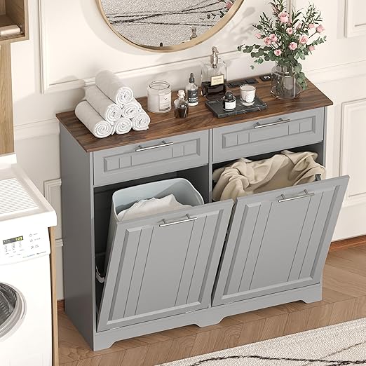 Double 10 Gallon Tilt Out Trash Can Cabinet with Deodorizing Function, Wooden Hidden Garbage Can Holder with Storage Drawers for Kitchen and Dining Room, Laundry Hamper Cabinet for Bathroom, Grey