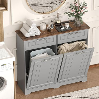 Double 10 Gallon Tilt Out Trash Can Cabinet with Deodorizing Function, Wooden Hidden Garbage Can Holder with Storage Drawers for Kitchen and Dining Room, Laundry Hamper Cabinet for Bathroom, Grey