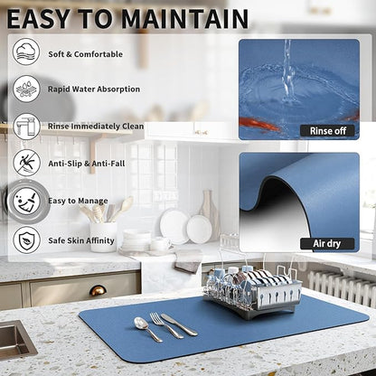 HotLive Dish Drying Mat for Kitchen Counter, Heat Resistant Drainer Mats with Non-slip Rubber Backed, Hide Stain Kitchen Super Absorbent Draining Mat, Easy to Clean Dish Rack Pad, Blue 18"x32" - Image 4