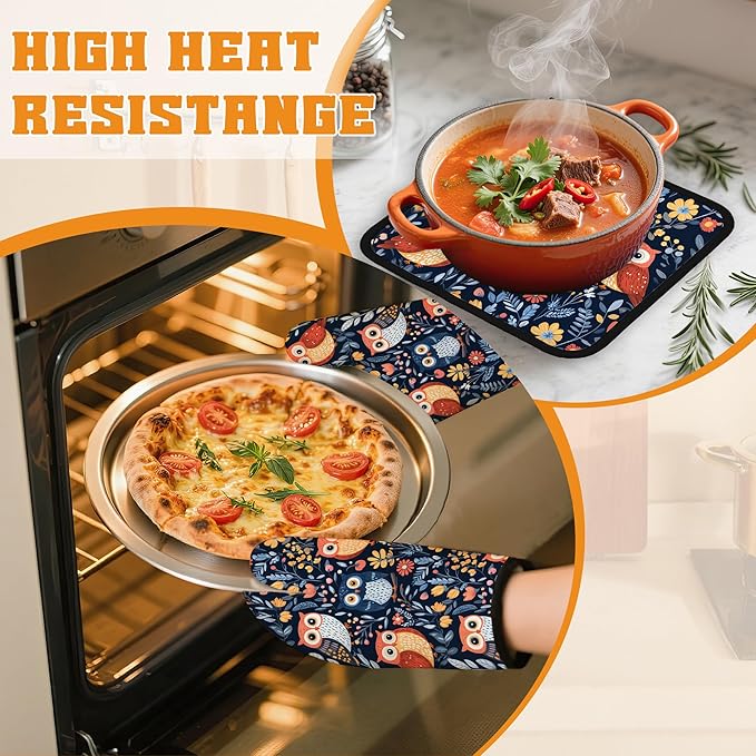 Colorful Cute Owl Oven Mitts and Pot Holders,Heat Resistant Oven Mitts Gloves and Pot Holder for Home Kitchen Decorations Cooking Baking BBQ Gifts,Set of 4