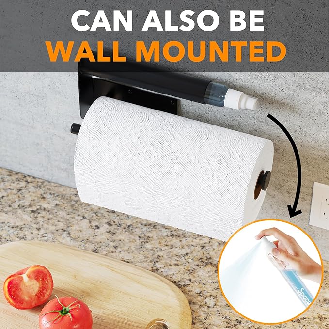 SpaceAid SprayNeat 2 in 1 Paper Towel Holder with Spray Bottle, Under Cabinet Paper Towels Holders with Sprayer Inside, Hanging Wall Mount Papertowels Roller for Kitchen (Black)