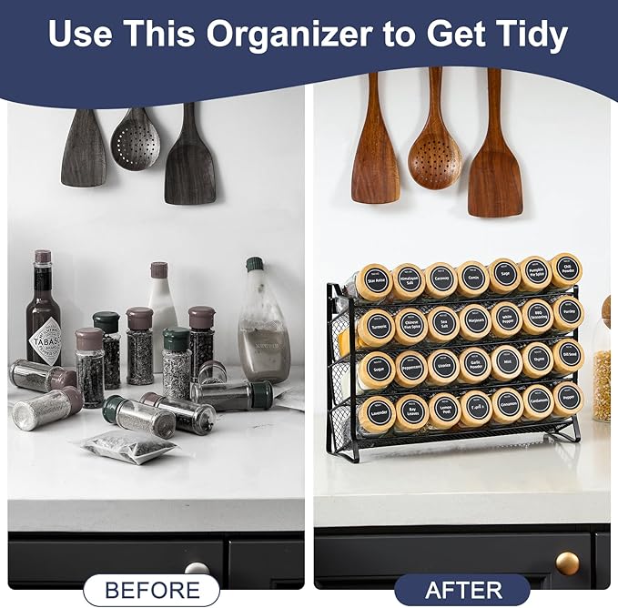 AOZITA Spice Rack Organizer for Cabinet, 28 Empty Spice Jars with Bamboo lids, Funnel, Spice Labels, Seasoning Organizer for Countertop, Cabinet, Kitchen, Pantry, Cupboard - Image 5