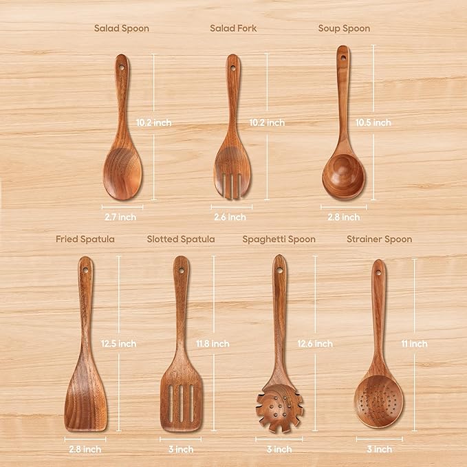7 PCS Wooden Spoons for Cooking Natural Teak Kitchen Utensils Smooth Non-Stick Surface Cooking Utensils Set Soft Comfort-Grip Wooden Utensils for Cooking - Image 6