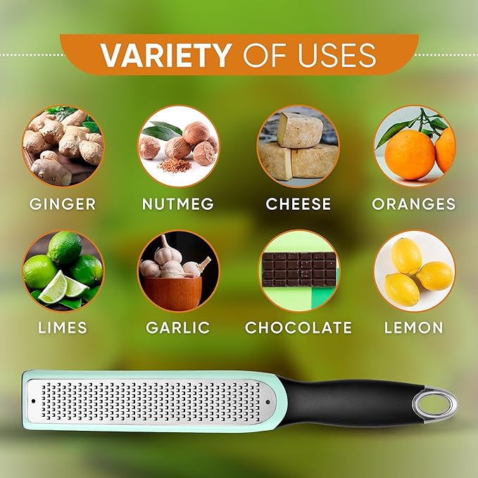 Spring Chef Premium Lemon Zester Grater with Handle - Fruit, Lime, Orange, Nutmeg, Garlic Grater - Heavy Duty Kitchen Tool - Stainless Steel Citrus Zester with Blade Cover - Fine Shred - Mint/Black - Image 6