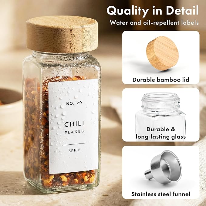 EDELHAUS® Square Spice Jars with Bamboo Wooden Lid (Pack of 24) Spice Jars with Shaker Insert and 240 Labels - Bamboo Lid Glass Container for Spice Organisation [4.3 in × 1.8 in] - Image 8