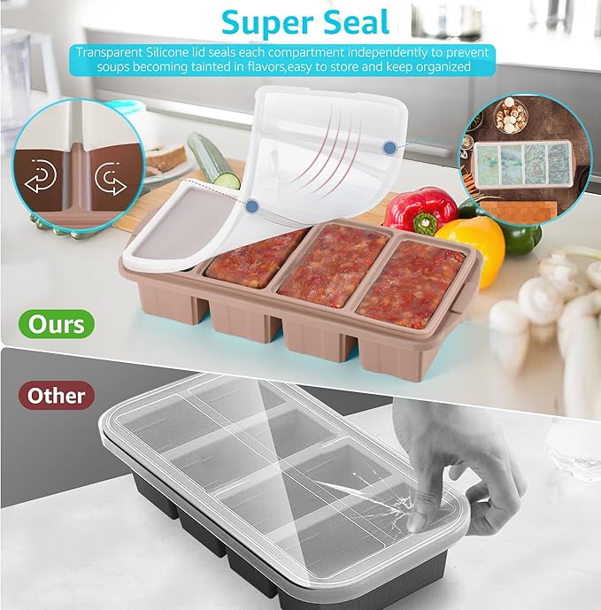 Ztomine Silicone Freezer Tray With Lid - Silicone Freezer Food Molds- Large Ice Cube Tray,Silicone Freezer Container,Freeze & Store Soup, Sauce, Broth,Leftovers - Makes 4 Perfect 1 Cup - Image 5