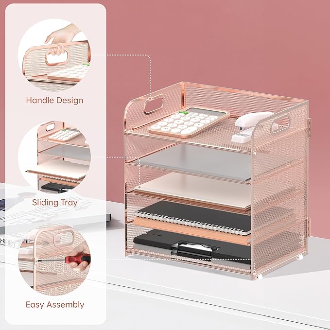 Supeasy 5 Trays Paper Organizer Letter Tray with Handle-Mesh Desk File Organizer, Paper Sorter Desk Organizer for Office, Home or School (Rose Gold) - Image 3