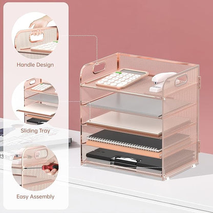 Supeasy 5 Trays Paper Organizer Letter Tray with Handle-Mesh Desk File Organizer, Paper Sorter Desk Organizer for Office, Home or School (Rose Gold) - Image 3