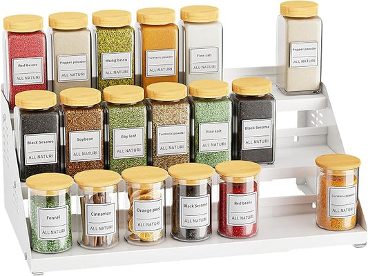 BOIVSHI Spice Rack, Spice Organization for Cabinet - Expandable Width, 3 Tiered Spice Rack Organizer for Cabinet - Adjustable Height, Seasoning Organizer for Cabinet, Countertop, Pantry, White