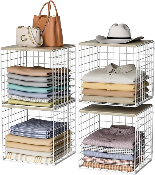 4 Pack Closet Organizers and Storage with Wood Top, Stackable Closet Shelf Organizer, Double Storage Design, Clothes Storage Basket/Cube Organizer for Wardrobe, Sturdy, White (Patent Pending) ﻿
