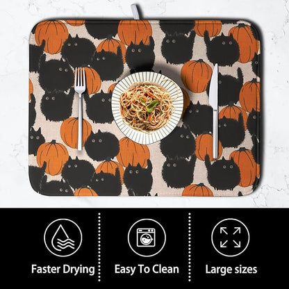 Happy Halloween Dish Drying Mat for Kitchen Counter 16x18 Inch Cute Pumpkin Black Cat Trick or Treat Drying Mats Large Microfiber Absorbent Dish Rack Pad for Coffee Bar Sinks Home Accessories - Image 4