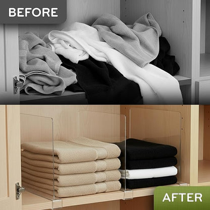 Acrylic Shelf Dividers for Closet Organization, 4-Pack Premium Quality Reinforced Material Closet Organizers and Storage, Perfect for Purse, Sweaters, Towels, Shoes, and Books Organization