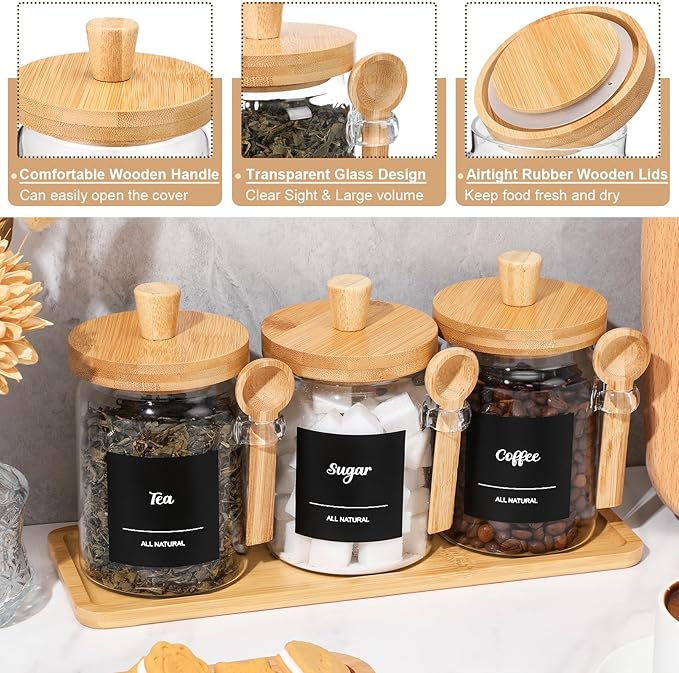Suclain 3 Pcs Glass Coffee Container with Wooden Lid Spoon Shelf Labels Clear Airtight Jar Food Storage Canister Set for Sugar Spice Coffee Bean Holder Housewarming Gift(20 oz,Natural Bamboo) - Image 3