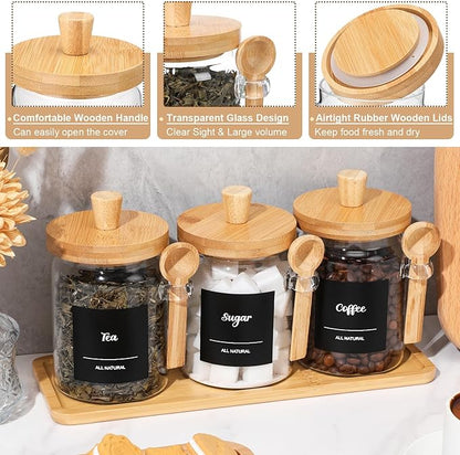 Suclain 3 Pcs Glass Coffee Container with Wooden Lid Spoon Shelf Labels Clear Airtight Jar Food Storage Canister Set for Sugar Spice Coffee Bean Holder Housewarming Gift(20 oz,Natural Bamboo) - Image 3