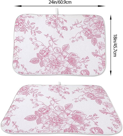 Pink Chinoiserie Floral Dish Drying Mat 18 x 24 inch Vintage Flower Decorative Drying Mats Microfiber Absorbent Dish Washable Draining Mat for Kitchen Counter Decor