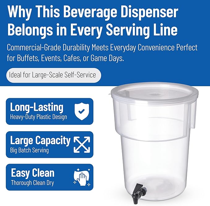 Carlisle FoodService Products Round Beverage Dispenser Drink Dispenser with Spigot for Catering, Plastic, 5 Gallons, Clear - Image 3