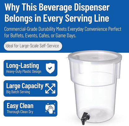 Carlisle FoodService Products Round Beverage Dispenser Drink Dispenser with Spigot for Catering, Plastic, 5 Gallons, Clear - Image 3