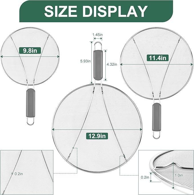 Splatter Screen for Frying Pan - 9.8" 11.4" 13" Stainless Steel Fine Mesh Grease Splatter Guard with Silicone Handle, Hot Oil Splash Guard for Cooking to Prevent Oil Splatter, Safe Cooking - Image 2