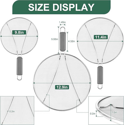 Splatter Screen for Frying Pan - 9.8" 11.4" 13" Stainless Steel Fine Mesh Grease Splatter Guard with Silicone Handle, Hot Oil Splash Guard for Cooking to Prevent Oil Splatter, Safe Cooking - Image 2