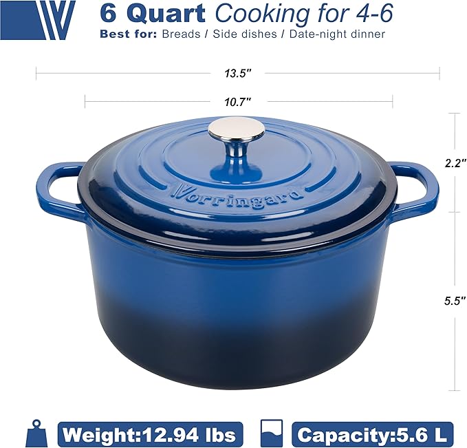 VORRINGARD Enameled Cast Iron Dutch Oven Pot with Lid, for Sourdough Bread Baking, Round Dutch Ovens, 6 Quart, Blue - Image 2