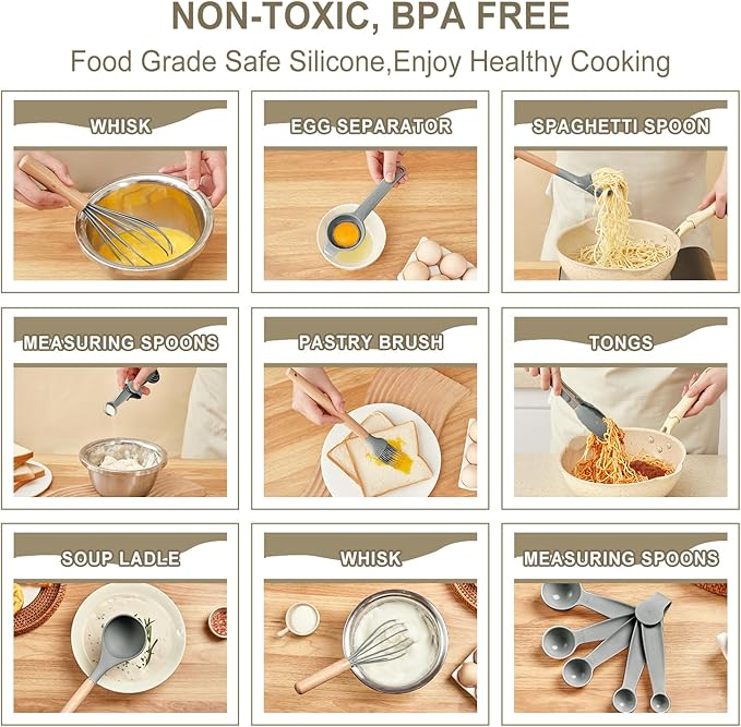 Kitchen Utensils Set - 34 PCS Non-Stick Silicone Cooking Utensils Set Spatula Set with Holder, Wooden Handle Spoon,Brush,Whisk Kitchen Gadgets Tools Set for Nonstick Cookware (Gray-34P) - Image 2