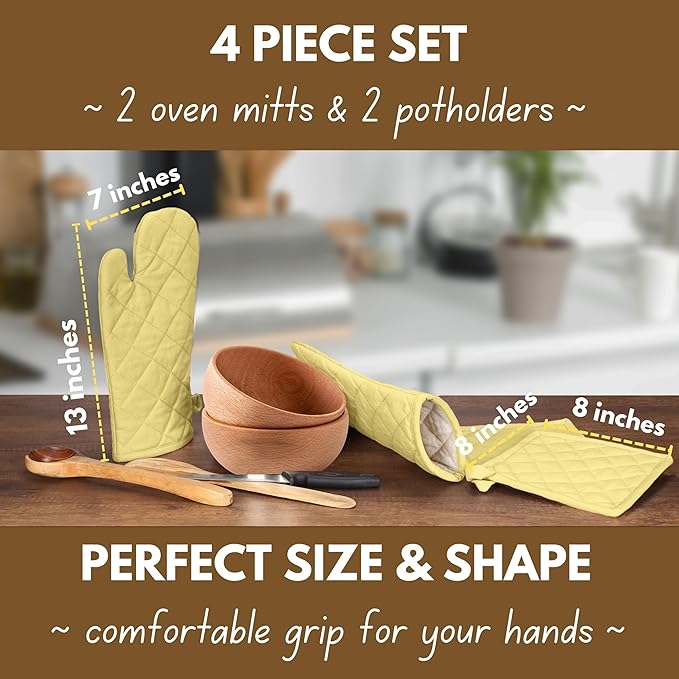 Native Fab 4 Piece Set - 2 Oven Mitts & 2 Potholders, Heat Resistant, 100% Cotton, Quilted Design, Non-Slip Grip, Machine Washable, Ideal for Baking, Cooking, BBQ, Kitchen Protection - Pale Yellow - Image 2