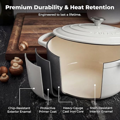 Zulay Kitchen 5 Quart Enameled Cast Iron Dutch Oven Pot with Lid – Premium Durability & Oven Safe up to 500°F – Heavy Duty Cookware Perfect for Bread Baking, Stews, Braising & Roasting – White - Image 5