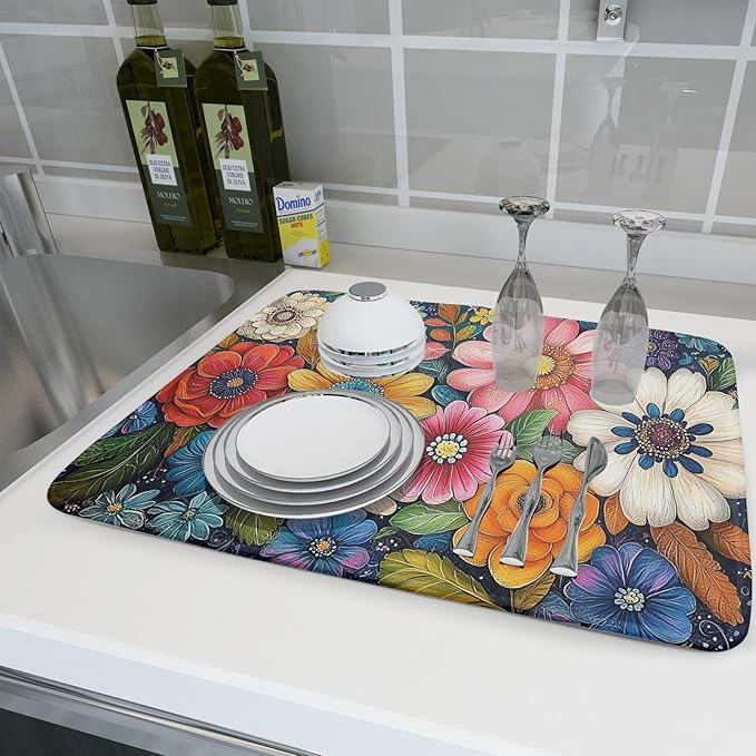 Giwawa Boho Flower Dish Drying Mat, Colorful Floral Leaf Dish Drainer Mats, Rustic Wildflower Plant Botanical Reversible Dish Drying Rack Pad Protector for Kitchen Countertop Decor, 18"x24"
