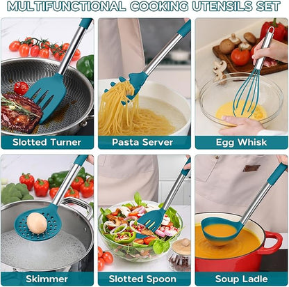 15pcs Kitchen Cooking Utensils Set with Holder, Onader Heat Resistant Silicone Kitchen Utensils Spatula Set with Stainless Steel Handle - Blue - Image 6