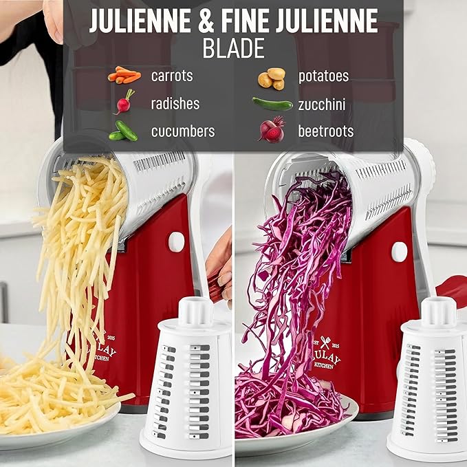 Zulay Kitchen Rotary Cheese Grater 5 Blade Cheese Shredder - Manual Hand Crank Cheese Grater With Reinforced Suction & 5 Interchangeable Drums - Easy to Use, Vegetable Chopper Round Mandoline Slicer - Image 6