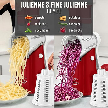 Zulay Kitchen Rotary Cheese Grater 5 Blade Cheese Shredder - Manual Hand Crank Cheese Grater With Reinforced Suction & 5 Interchangeable Drums - Easy to Use, Vegetable Chopper Round Mandoline Slicer - Image 6