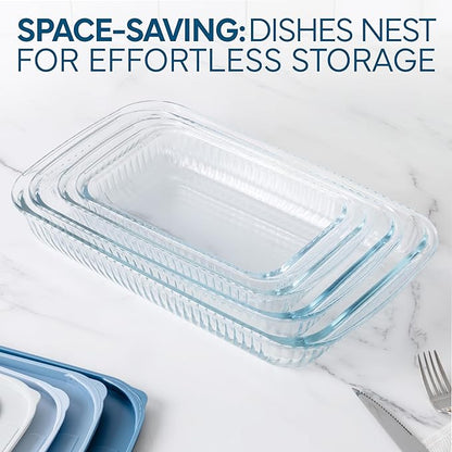 COOK WITH COLOR 8-Piece Deep Glass Baking Dish Set with Plastic Lids – Casserole and Food Storage Containers for Lasagna, Leftovers – Freezer-to-Oven, Microwave & Dishwasher Safe, Fluted Blue - Image 3