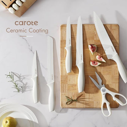 CAROTE 15Piece Knife Set, Kitchen Knife Block Set, Elegant White Ceramic-Coated Blades with Stylish Wooden Block for Modern Culinary Excellence - Image 6