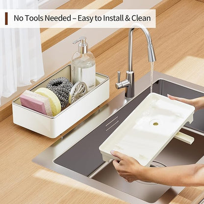 Sponge Holder for Kitchen Sink – Rustproof Stainless Steel, 360° Rotating Drain Pipe, Large Counter Organizer with Drip Tray for Sponges, Brushes & Dish Cloths Off-white - Image 5