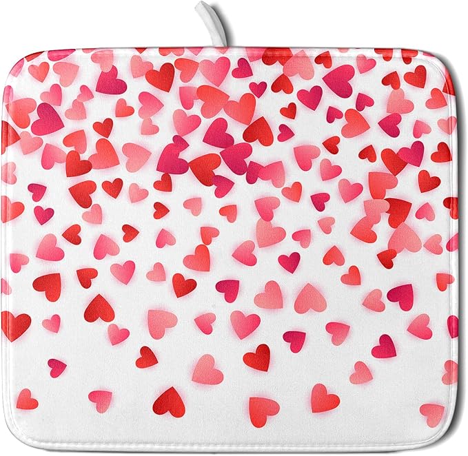 Valentines Dish Drying Mat for Kitchen Counter Hearts Holiday Microfiber Absorbent Dish Draining Reusable Washable Foldable 16"x18" by Unknown
