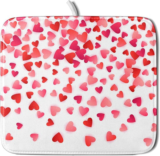 Valentines Dish Drying Mat for Kitchen Counter Hearts Holiday Microfiber Absorbent Dish Draining Reusable Washable Foldable 16"x18" by Unknown