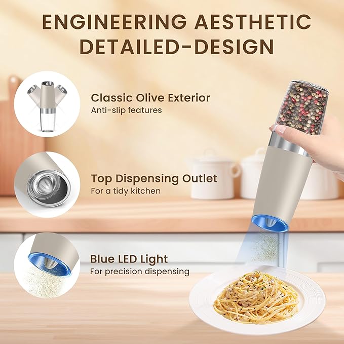 Gravity Electric Salt And Pepper Grinder Set, Automatic Salt And Pepper Grinder Set, Battery Powered (6 AAA Batteries Each), Adjustable Roughness, LED Light, 2 Pack, (Khaki) - Image 4