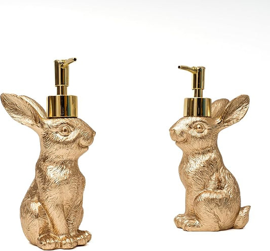Gold Bunny Soap Dispenser Set of 2 – Vintage Rabbit Hand & Dish Soap Dispensers for Kitchen Sink & Bathroom Vanity – Rust Proof Pump Lotion Bottles – Resin Animal Statues Home Decor, 8oz