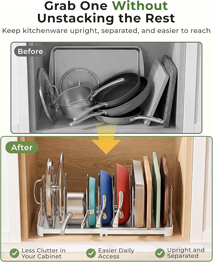 EVERIE Adjustable Bakeware Organizer Pot Lid Holder Rack for Pots, Cake Molds, Cutting Boards, Mats, Cookware, GS02SS, Pack of 2 - Image 8