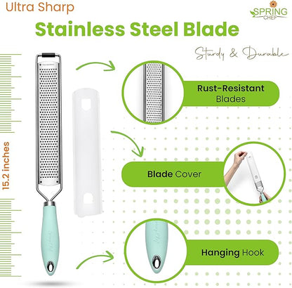 Spring Chef Stainless Steel Lemon Zester Grater with Handle - Garlic, Cheese, Parmesan, Nutmeg, Lime, Ginger Grater - Heavy Duty Kitchen Tool - Citrus Zester with Blade Cover - Fine Shred - Mint