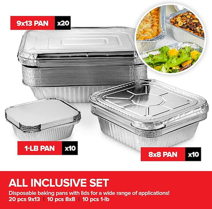 Stock Your Home Disposable Foil Pans with Lids (Set of 40) Heavy Duty Aluminum Pans with Lids (20) 9x13, (10) 8x8, (10) 1-Lb Baking Tins with Covers for Cooking, Heating, Storing, Holiday Dinner Meals - Image 2