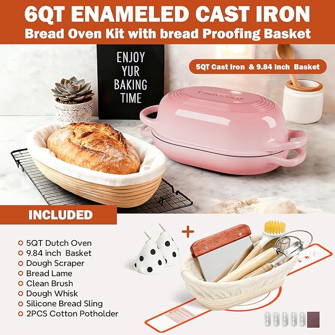 Enameled Cast Iron Sourdough Bread Oven, Dutch Oven for Bread Baking, - incl. Sourdough Bread-Baking Supplies like Banneton Bread-Proofing Basket - 5QT Loaf Cast Iron Bread Pan-Making Kit Pan, Pot, Sour Sough Tools, Lame (Pink) - Image 4