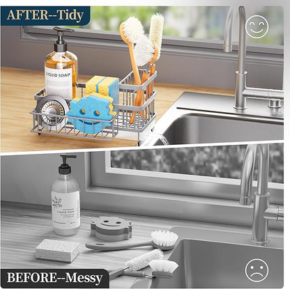 Consumest Sponge Holder for Kitchen Sink - Auto Draining Sink Caddy Organizer with Detachable Rack, High Brush Holder, Kitchen Countertop Storage Accessories, Grey - Image 7