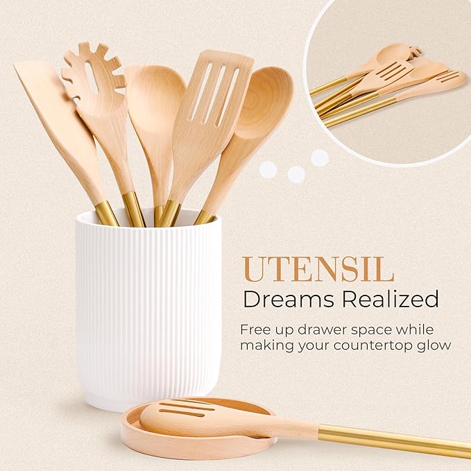 STYLED SETTINGS White Ceramic Utensil Holder with Built-In Wooden Spoon Rest –2PC Set for Kitchen Countertop Organization – Ceramic Utensil Crock & Wood Spoon Rest for Clean, Stylish Cooking - Image 7